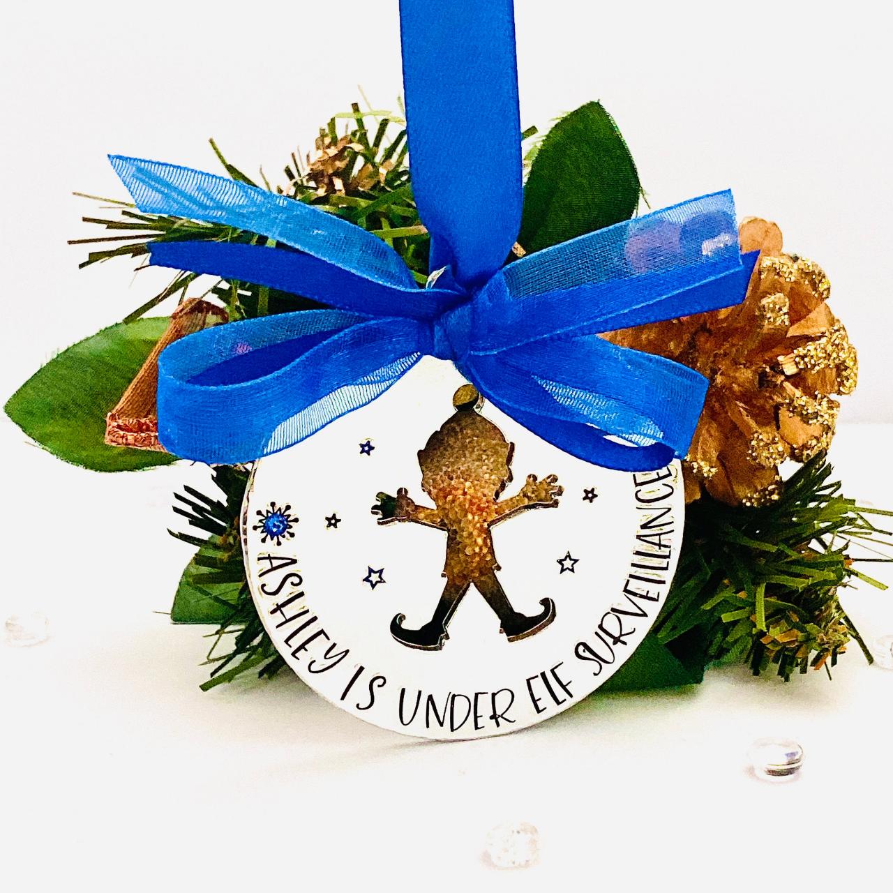 Personalised Elf Decoration, Christmas Tree Ornament, This House Is Under Elf Surveillance, Child's Name Decoration, Christmas Name