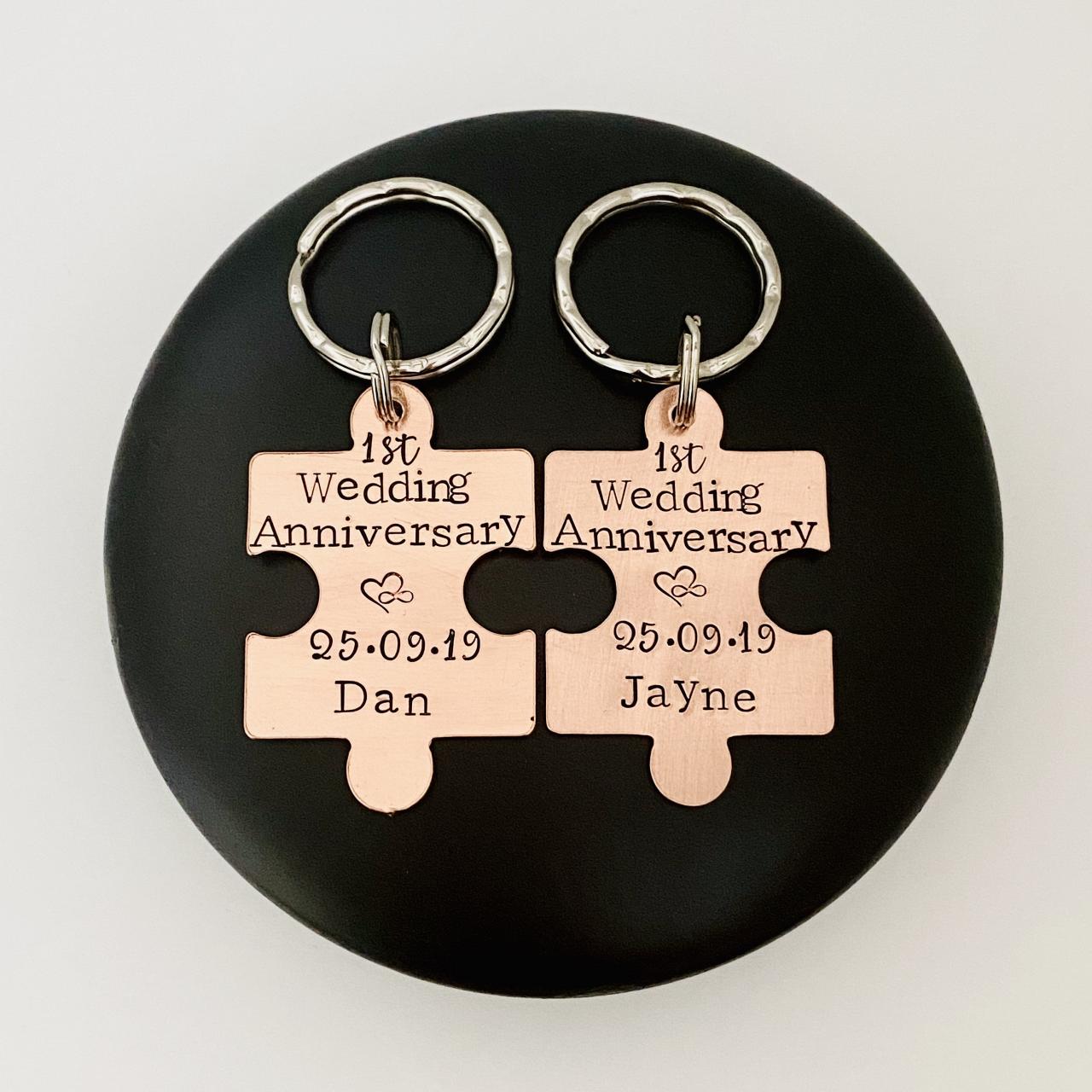 1st Anniversary Keyring, Special Name And Date Gift, 7 Year Wedding Anniversary Gift, Copper Puzzle Piece Keychain, Couples Gift, Husband..