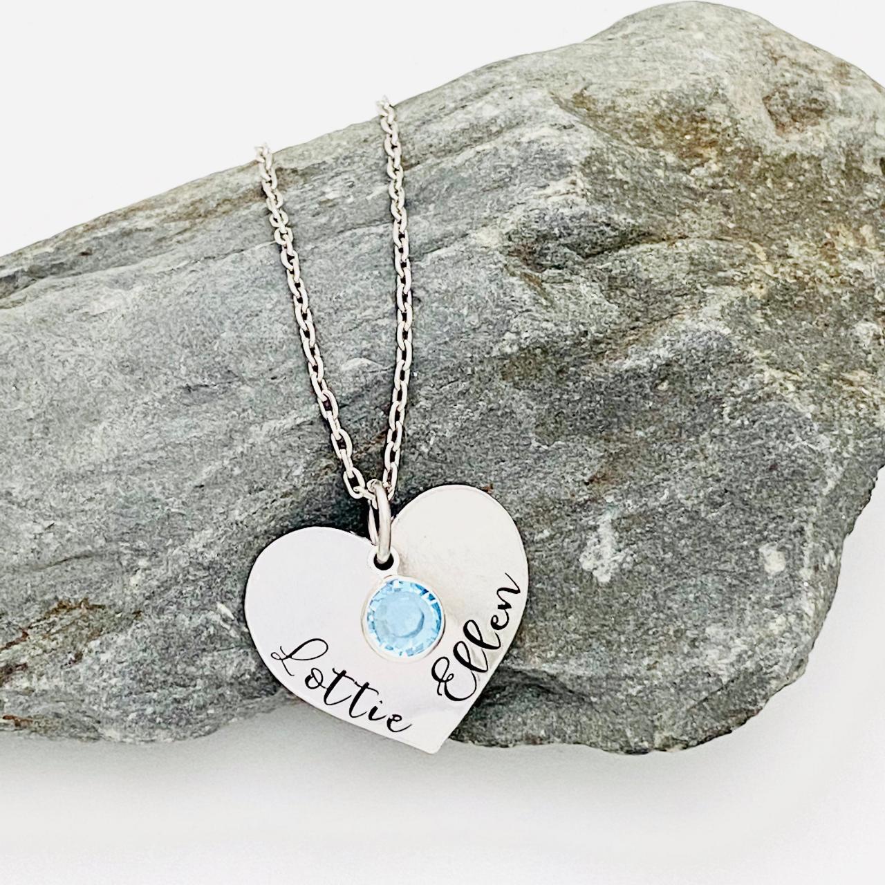 Personalised Heart Necklace, Necklace For Daughter, Birthstone Swarovski Jewellery, Hand Stamped Heart Jewellery, Name Necklace, Birthday..